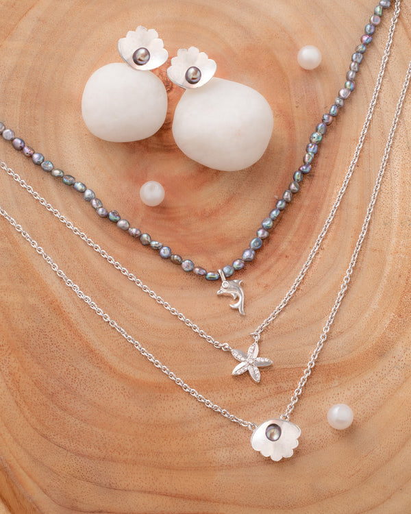 Black Bead Layered Necklace Set with Rhodium Finish