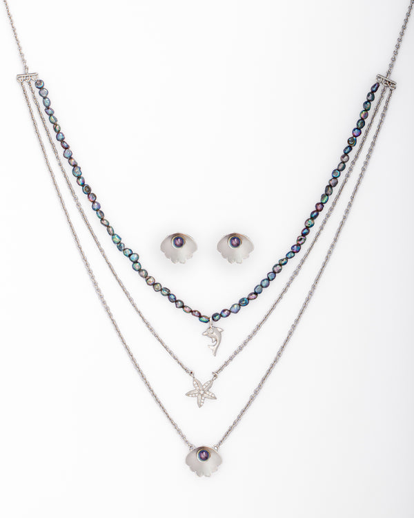 Black Bead Layered Necklace Set with Rhodium Finish