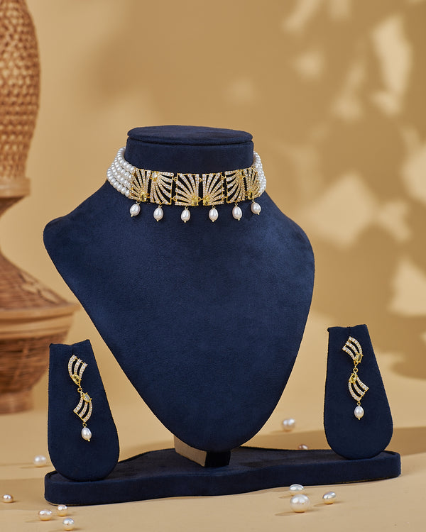 Regal Pearl Fan CZ Choker Necklace Set