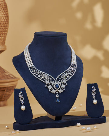 Sapphire Blue CZ Vine Pearl Statement Necklace Set