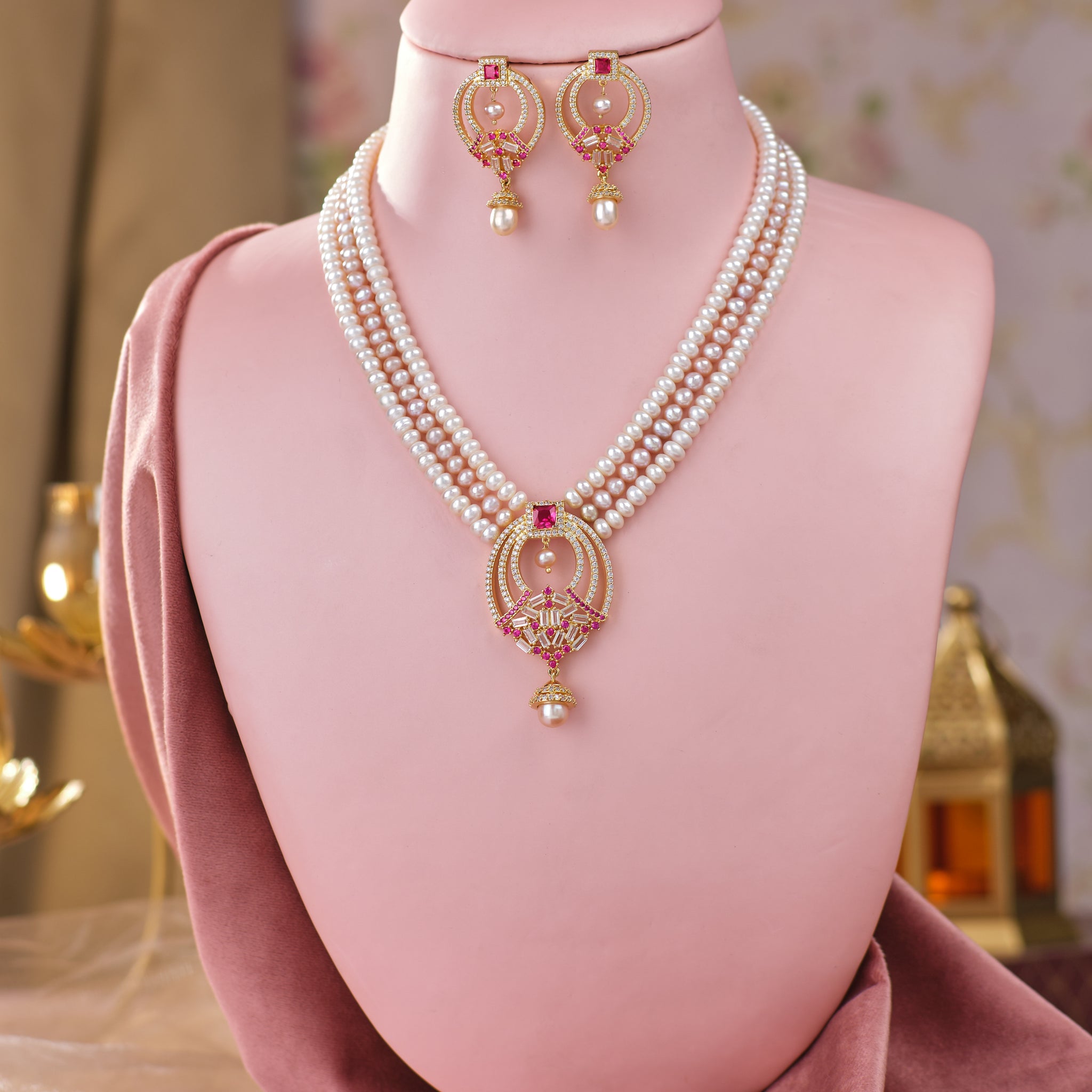 Ruby Halo Three Layer Bridal Pearl Set