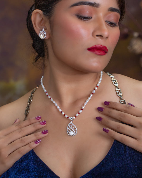 Elegant Pearl Necklace Set with CZ Leaf Pendant