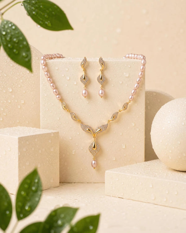 Regal Blush Pink Freshwater Pearl & CZ Curved Leaf Jewellery Set