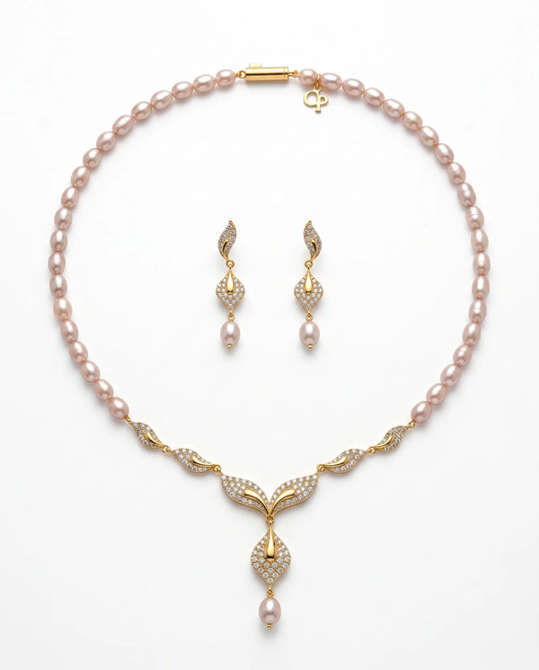 Regal Blush Pink Freshwater Pearl & CZ Curved Leaf Jewellery Set