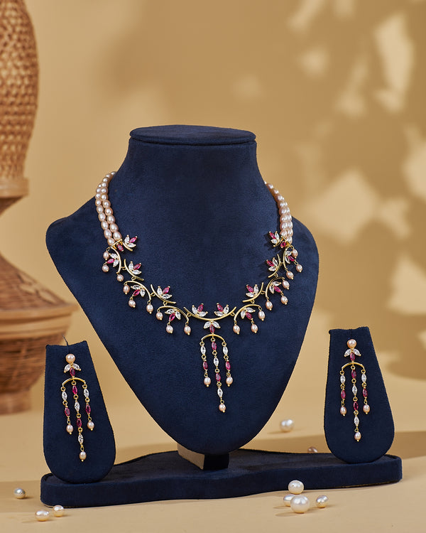 Ruby Accent Floral Pearl Traditional Necklace Set