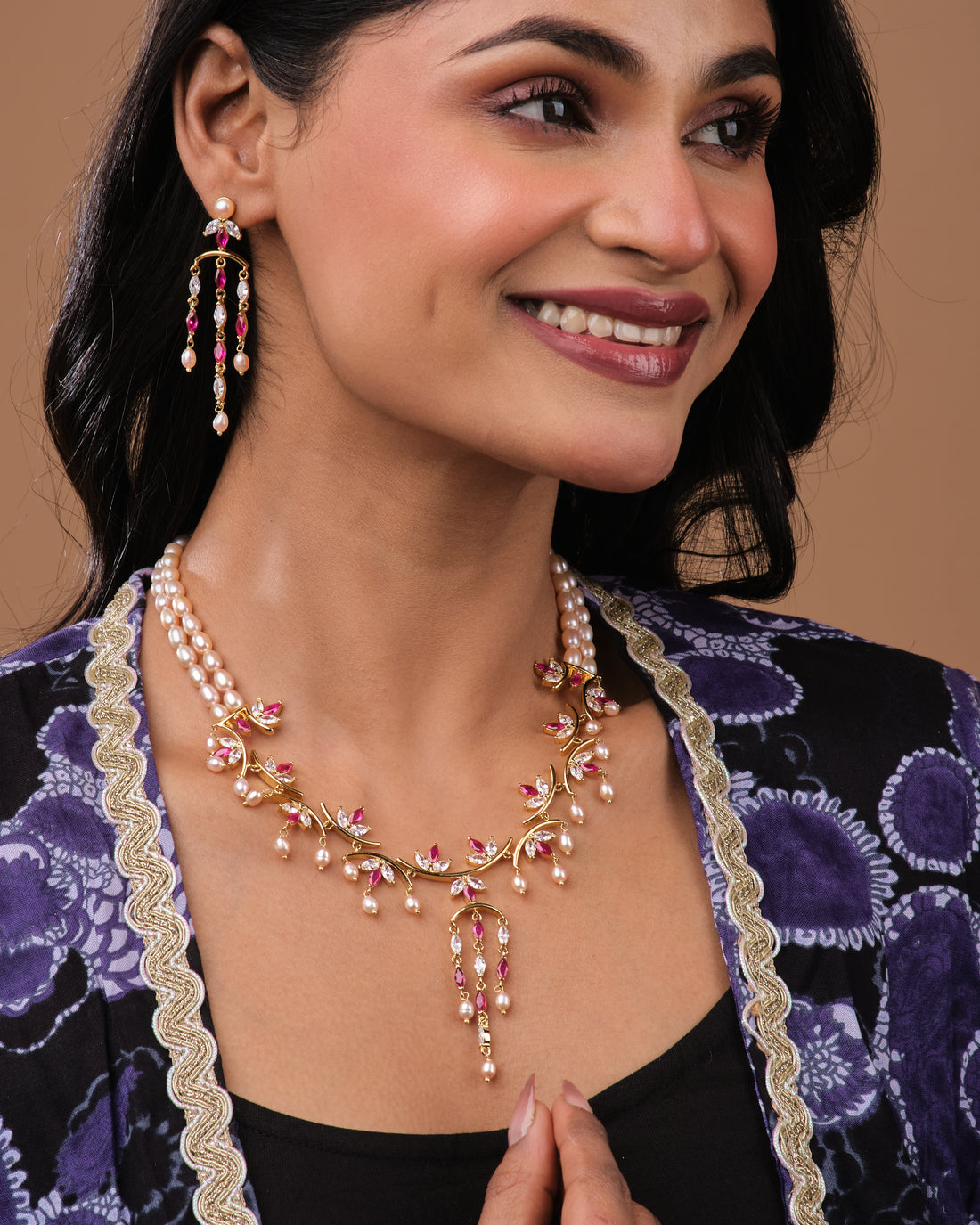 Ruby Accent Floral Pearl Traditional Necklace Set