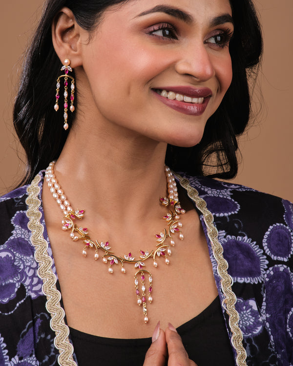 Ruby Accent Floral Pearl Traditional Necklace Set