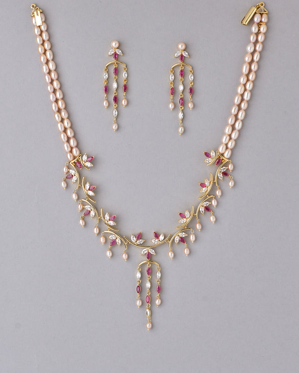 Ruby Accent Floral Pearl Traditional Necklace Set
