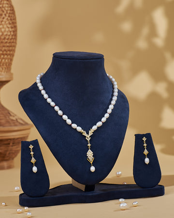 Classic Single-Strand Pearl CZ Pendant Necklace Set
