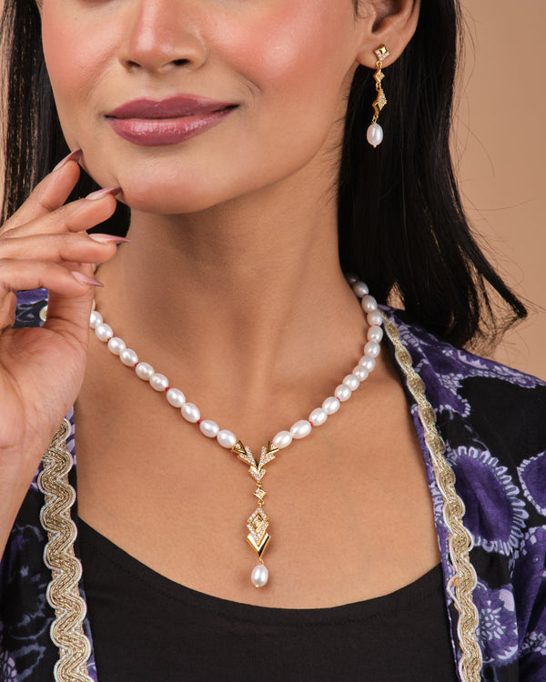 Classic Single-Strand Pearl CZ Pendant Necklace Set