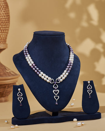 Dual-Tone Pearl CZ Heart Drop Elegant Necklace Set