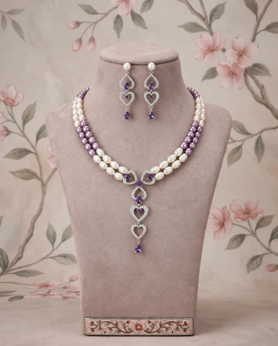 Silver-Tone Double-Strand White & Lavender Pearl Necklace Set