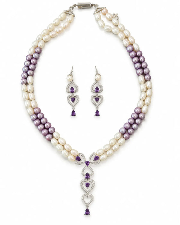Silver-Tone Double-Strand White & Lavender Pearl Necklace Set