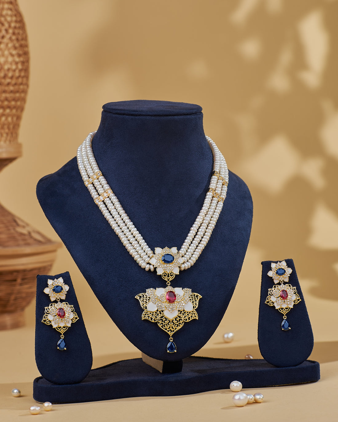Royal Floral Pearl Multi-Strand CZ Pendant Necklace Set