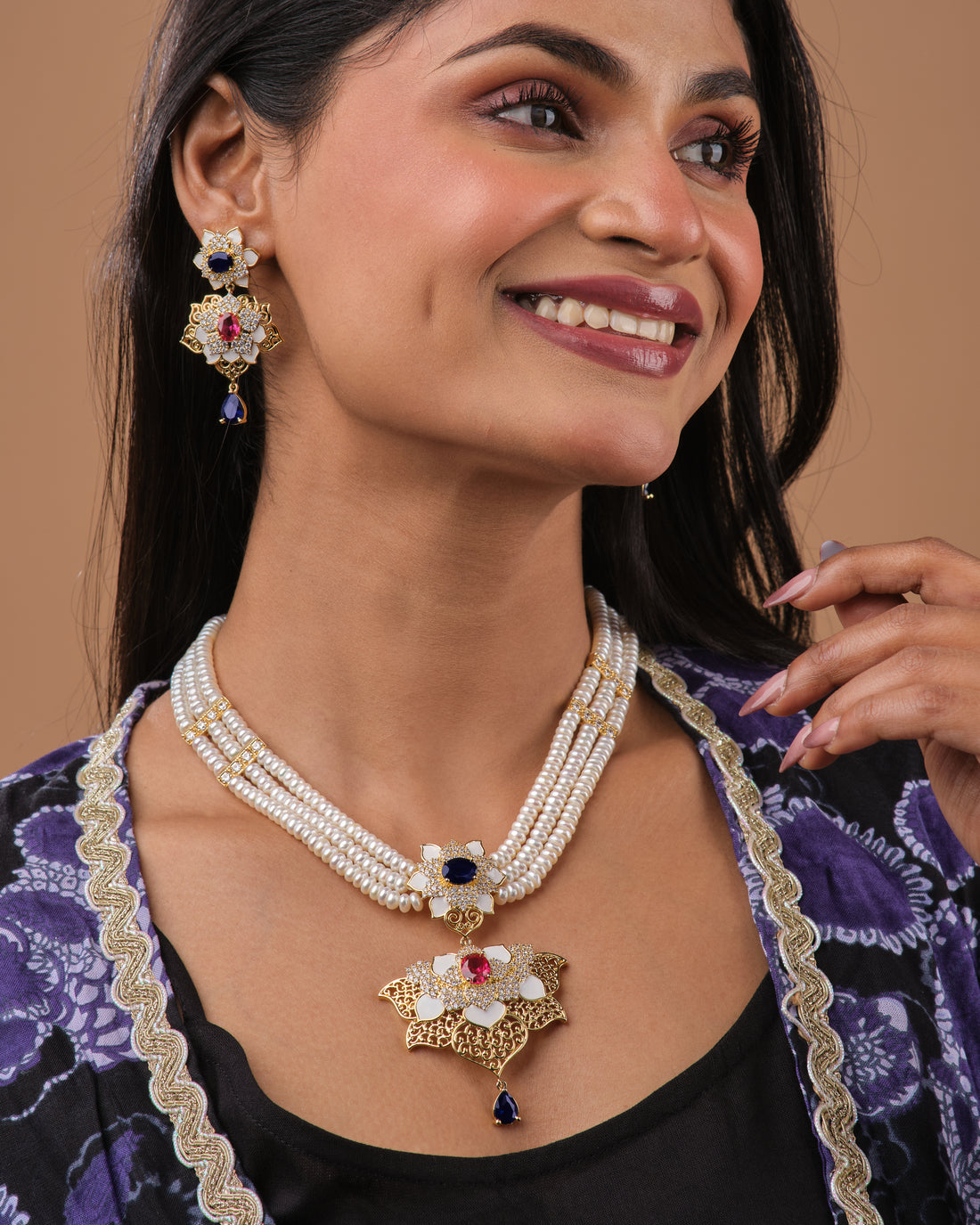 Royal Floral Pearl Multi-Strand CZ Pendant Necklace Set