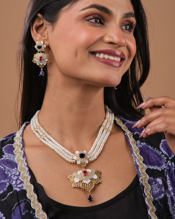 Royal Floral Pearl Multi-Strand CZ Pendant Necklace Set