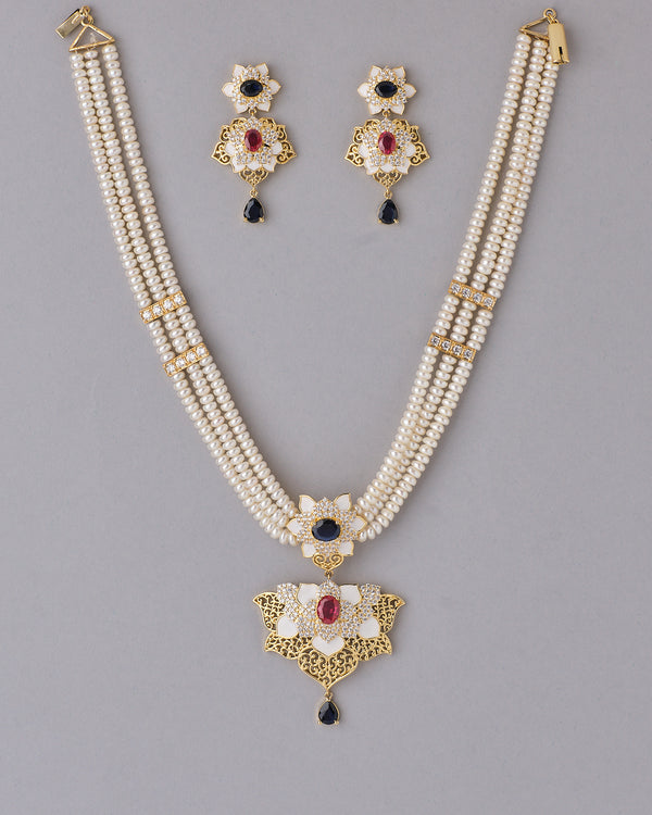 Royal Floral Pearl Multi-Strand CZ Pendant Necklace Set