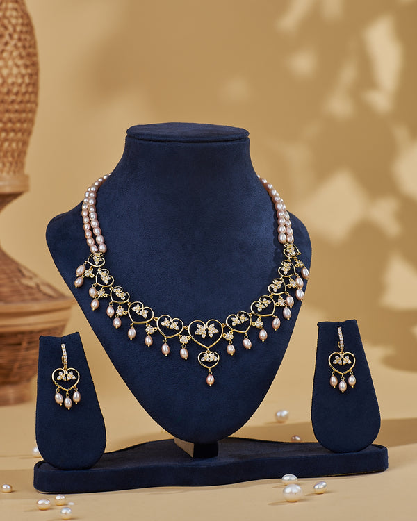 Delicate Heart Vine Pearl Drop Necklace Set