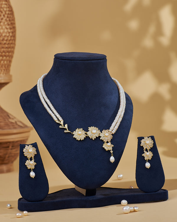 Floral Pearl Cluster CZ Elegance Necklace Set
