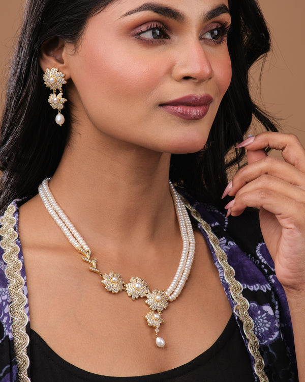 Floral Pearl Cluster CZ Elegance Necklace Set