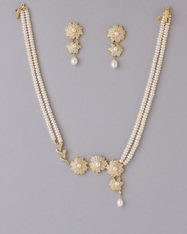 Floral Pearl Cluster CZ Elegance Necklace Set