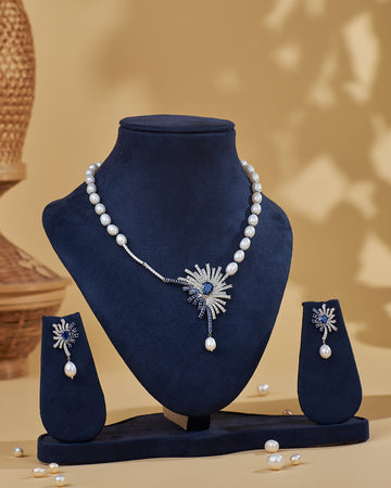 Sunburst CZ Sapphire Pearl Statement Necklace Set