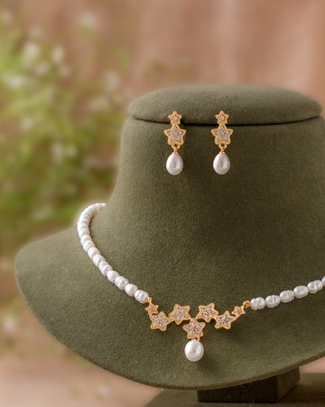 White Pearl Necklace Set with Gold Floral CZ Accents