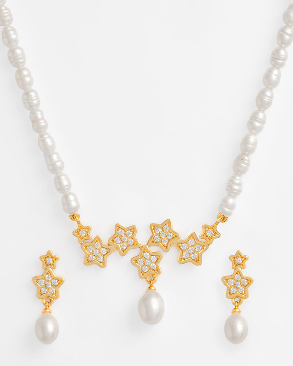 White Pearl Necklace Set with Gold Floral CZ Accents