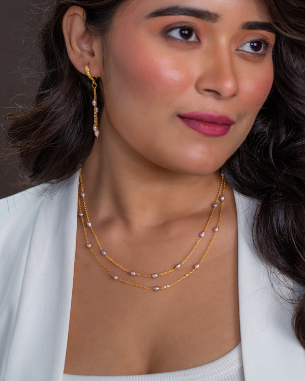 Pink Pearl Layered Chain Necklace Set with Gold Finish