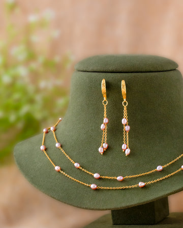 Pink Pearl Layered Chain Necklace Set with Gold Finish