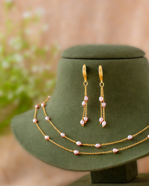 Pink Pearl Layered Chain Necklace Set with Gold Finish