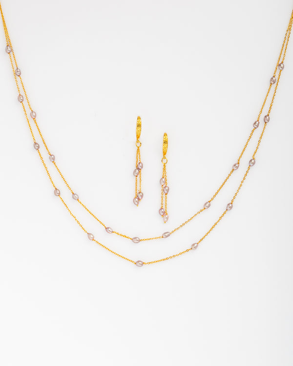 Pink Pearl Layered Chain Necklace Set with Gold Finish