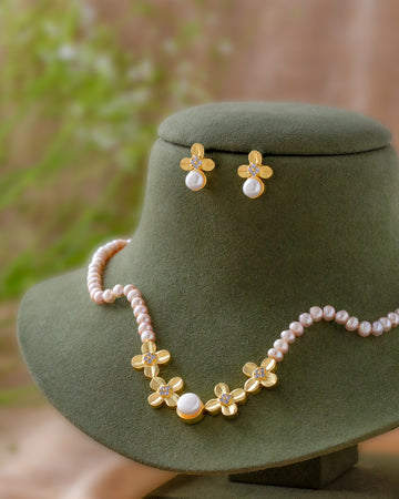 White Pearl Necklace Set with Gold Floral Motifs