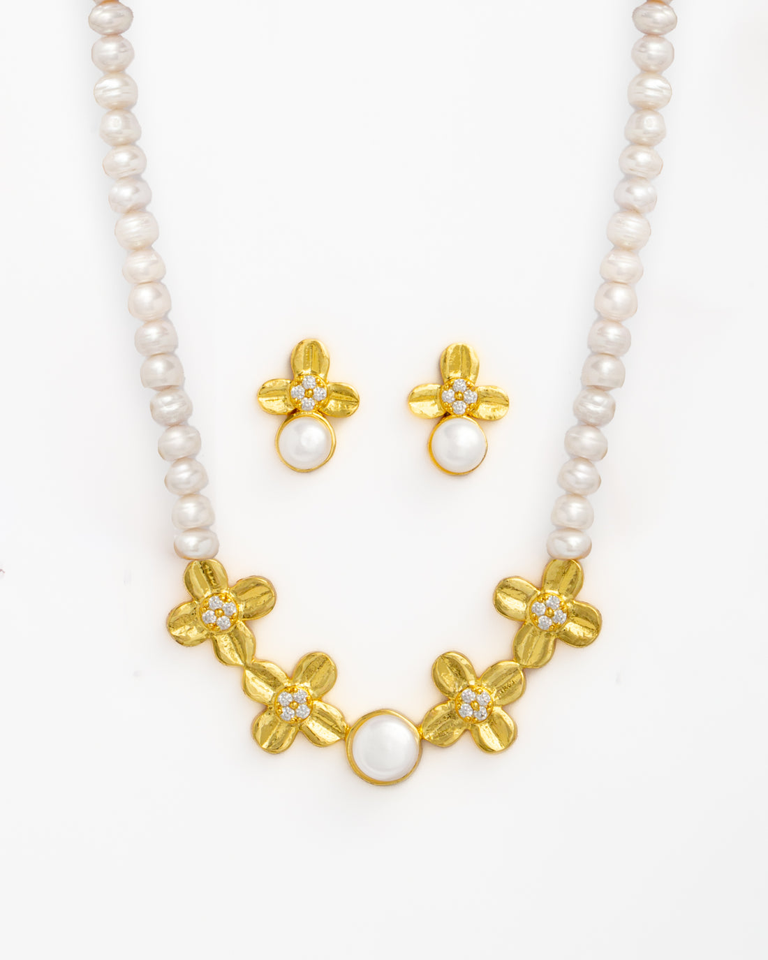 White Pearl Necklace Set with Gold Floral Motifs