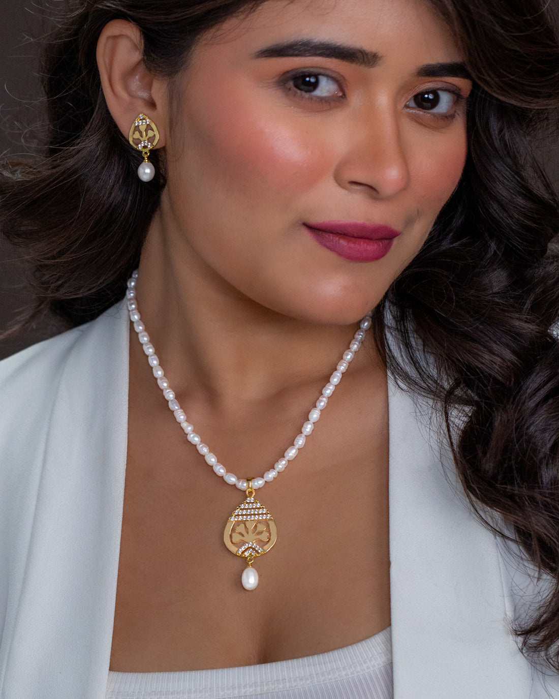 White Pearl Necklace Set with Gold Traditional Motif Pendant