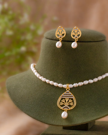 White Pearl Necklace Set with Gold Traditional Motif Pendant