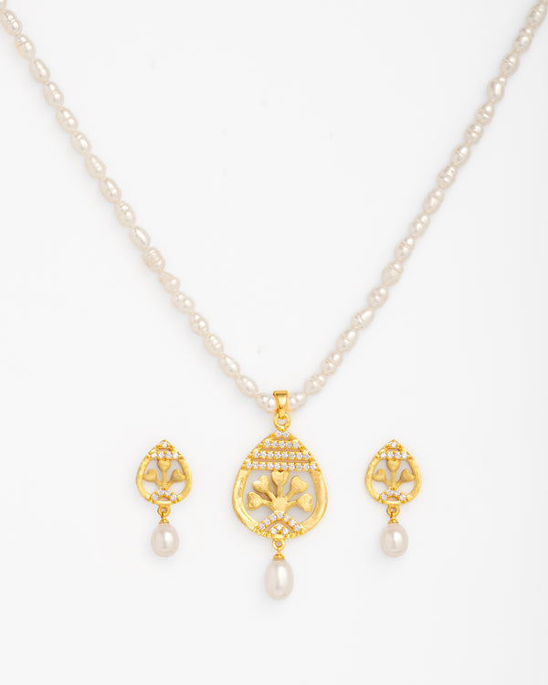 White Pearl Necklace Set with Gold Traditional Motif Pendant