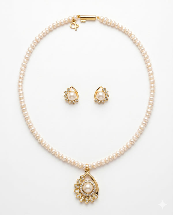 Royal One -Strand Pearl Necklace Set with Matching Drop Earrings
