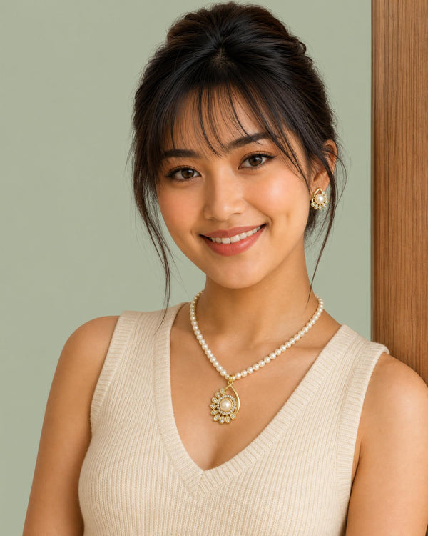 Royal One -Strand Pearl Necklace Set with Matching Drop Earrings