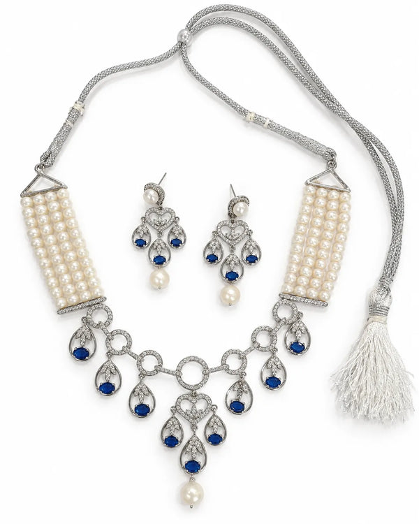 Silver-Tone Blue CZ Accent Four-Strand Pearl Choker Necklace Set