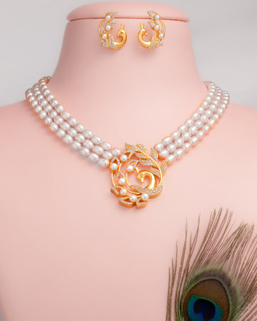 Peacock Royal Pearl Necklace Set with CZ Swirl Pendant