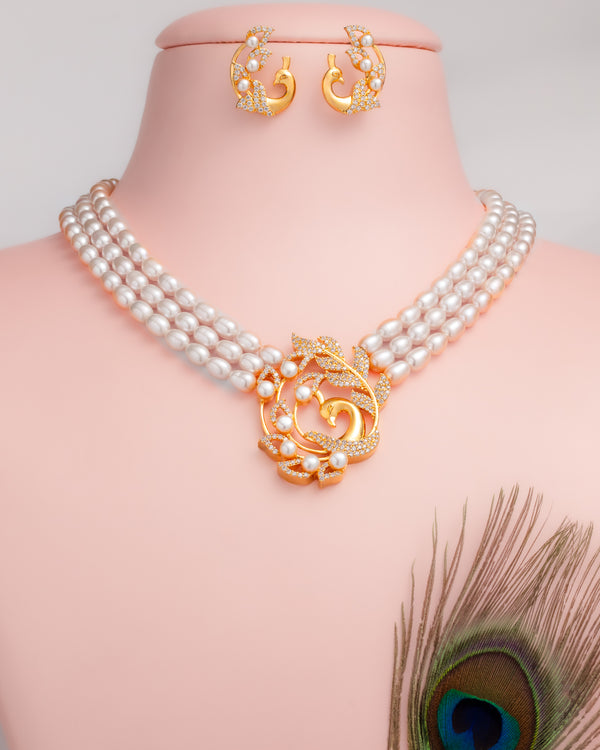 Peacock Royal Pearl Necklace Set with CZ Swirl Pendant
