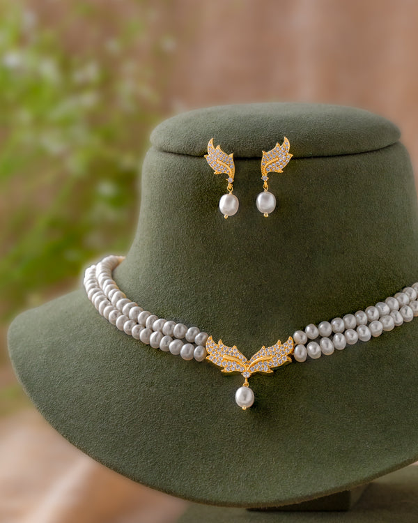 Double Strand White Pearl Necklace Set with Gold CZ Centrepiece