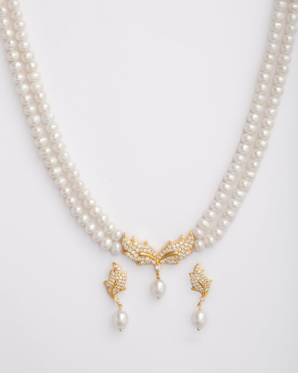 Double Strand White Pearl Necklace Set with Gold CZ Centrepiece