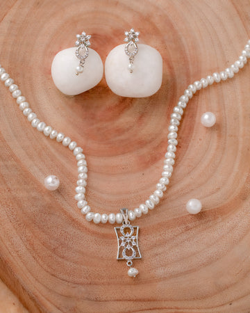 White Pearl Necklace Set with Rhodium CZ Pendant