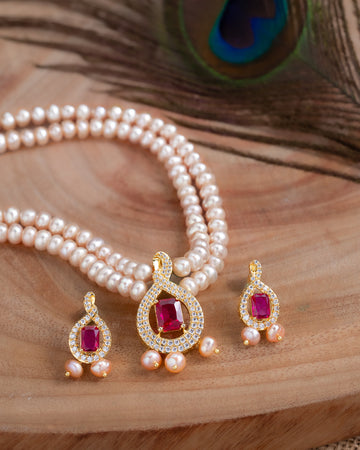 Peach Pearl Necklace Set with Ruby CZ Pendant