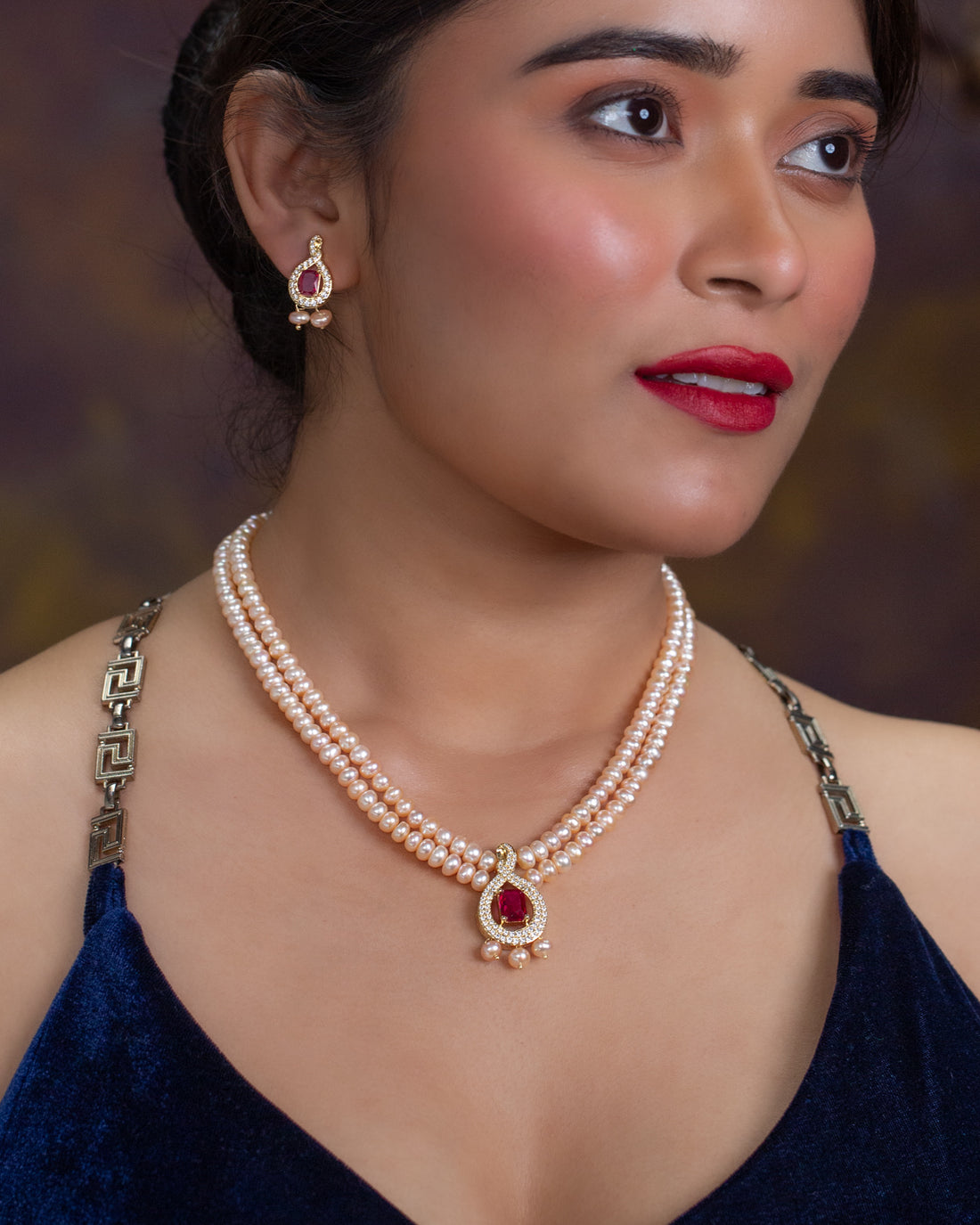 Peach Pearl Necklace Set with Ruby CZ Pendant