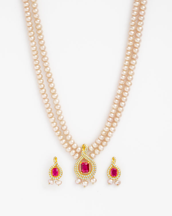 Peach Pearl Necklace Set with Ruby CZ Pendant