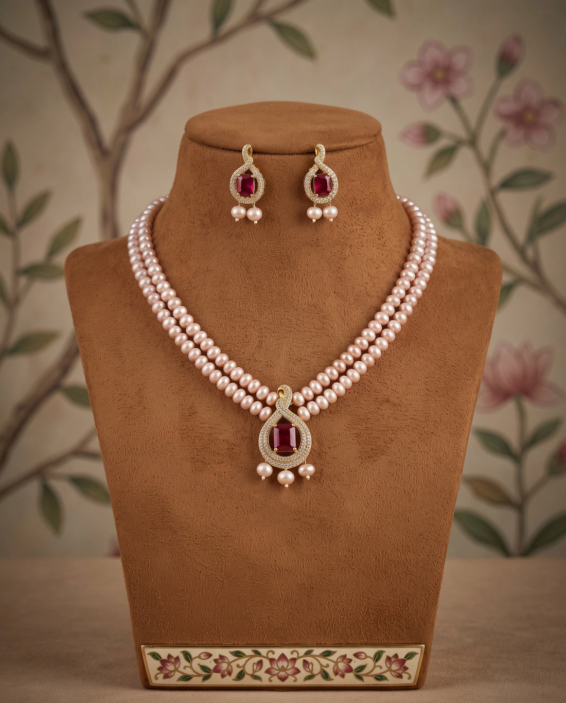 Dual-Strand Oval Pearl Necklace Set with Ruby-Red & CZ Drop Pendant