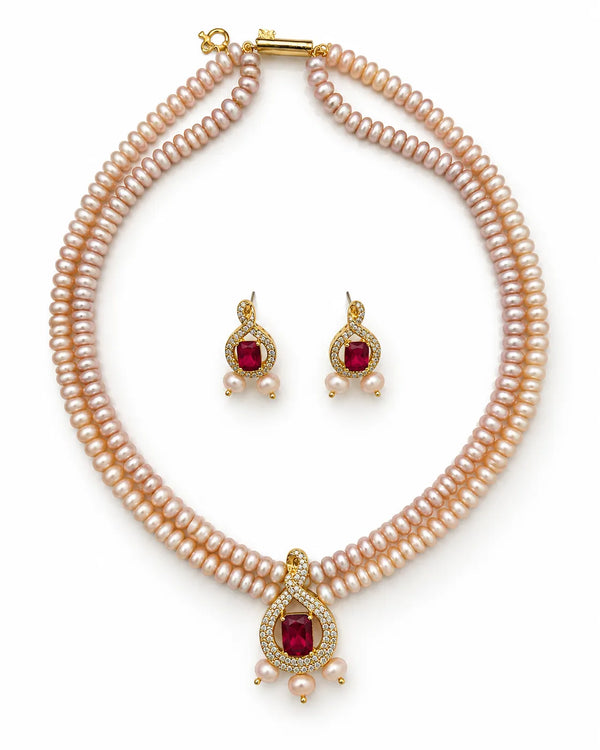 Dual-Strand Oval Pearl Necklace Set with Ruby-Red & CZ Drop Pendant